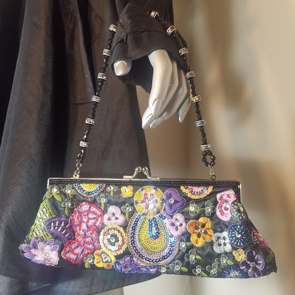 Women's Black Decorative Beaded Handbag (10" w x 4" h)